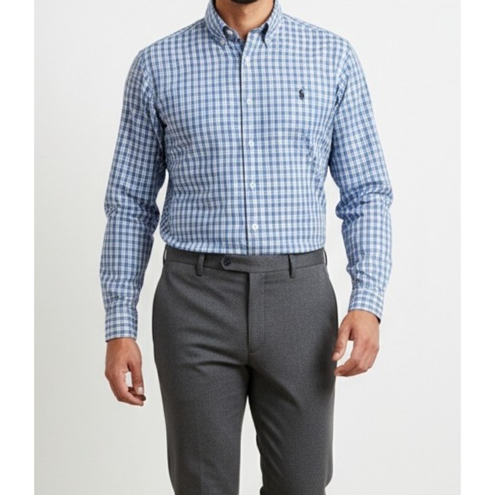 Ralph Lauren 90s VTG Yarmouth Dress Shirt Blue Gingham Check Mens‎ 16 34/35 L